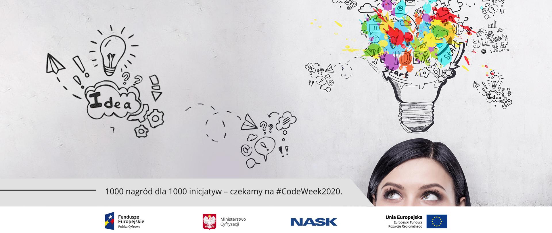 Czubek głowy kobiety - nad nim grafika przedstawiająca żarówkę symbolizującą pomysły, obok napisu idea, start oraz znaki graficzne - strzałki, chmurki, wykrzykniki i znaki zapytania.