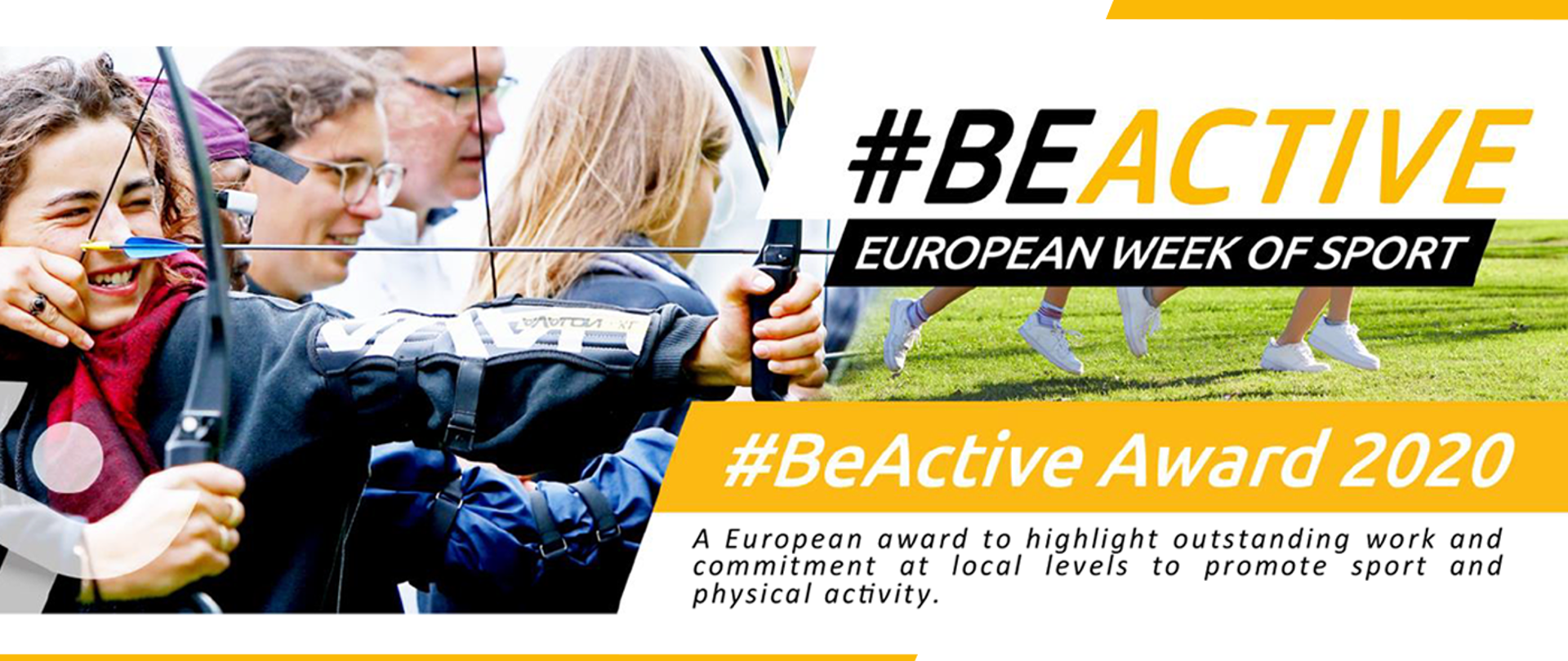 BeActive Awards 2020. Na zdjęciu widnieją młode osoby biorące udział w zawodach sportowych, w tym kobieta strzelająca z łuku.