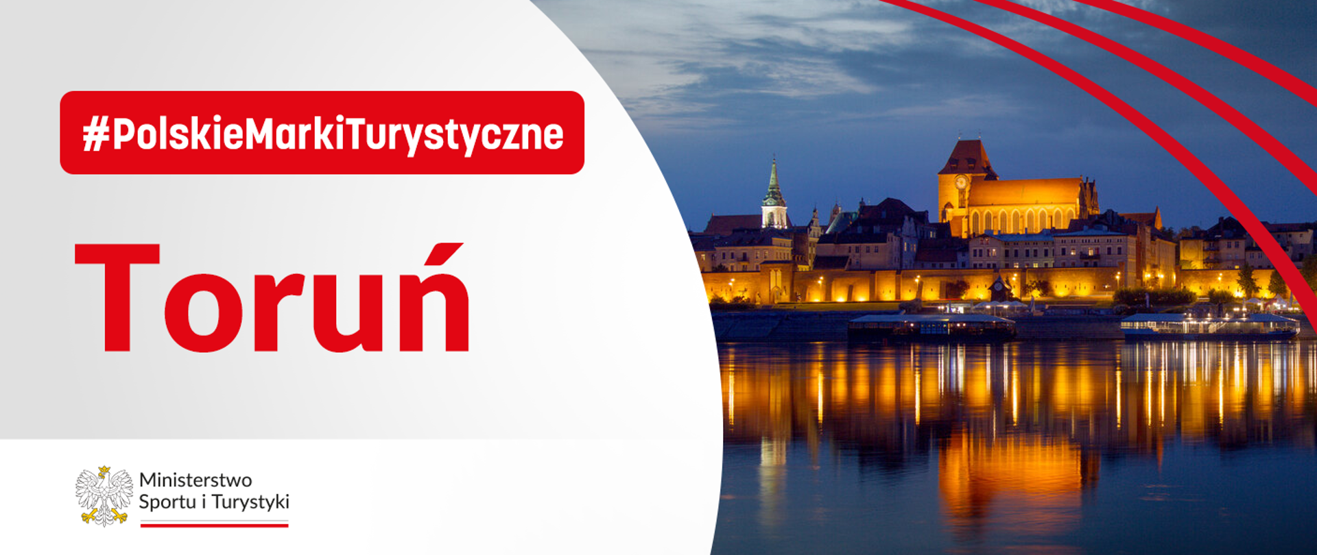 grafika projektu Polskich Marek Turystycznych z logiem ministerstwa oraz panoramą Torunia po zmroku