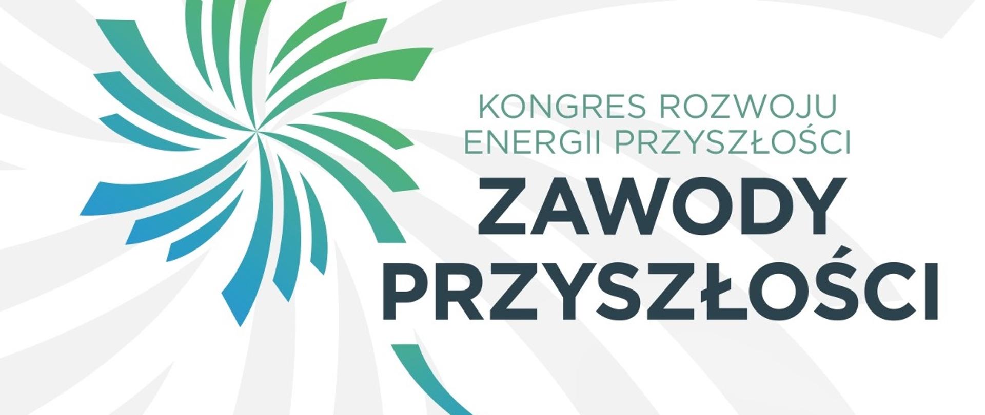 Grafika - na białym tle zielono-niebieski stylizowany wiatrak i napis Kongres rozwoju energii przyszłości - zawody przyszłości.