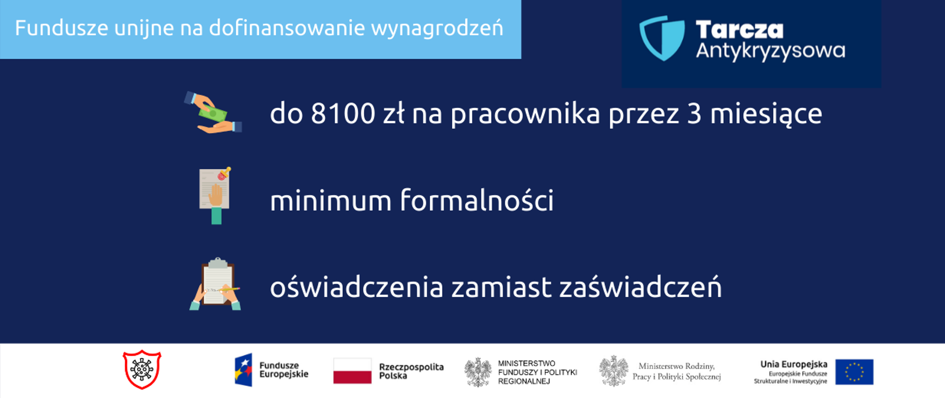 Napis na grafice: Fundusze unijne na dofinansowanie wynagrodzeń, do 8100 zł na pracownika przez 3 miesiące, minimum formalności i oświadczenia zamiast zaświadczeń. Na dole ikonki Facebooka oraz Twittera, logotypy Funduszy Europejskich i Ministerstwa Funduszy i Polityki Regionalnej i Ministerstwa Rodziny, Pracy i Polityki Społecznej, flaga Polski.