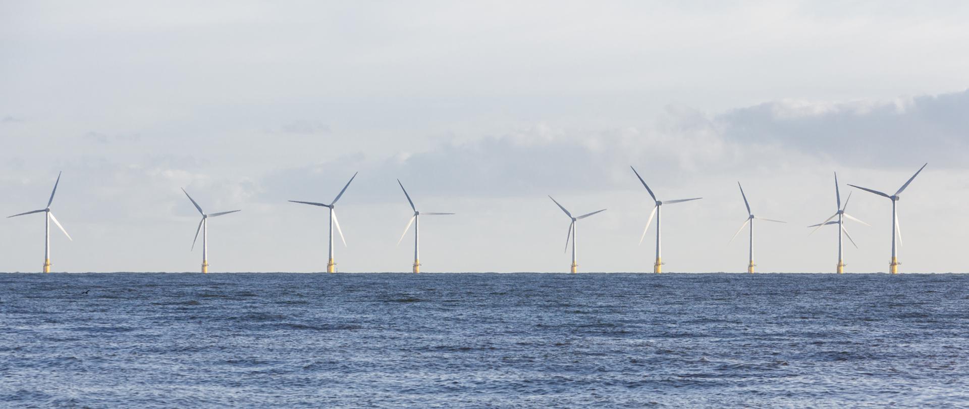 Panoramic view of wind turbines at Scroby Sands in Norfolk, UK