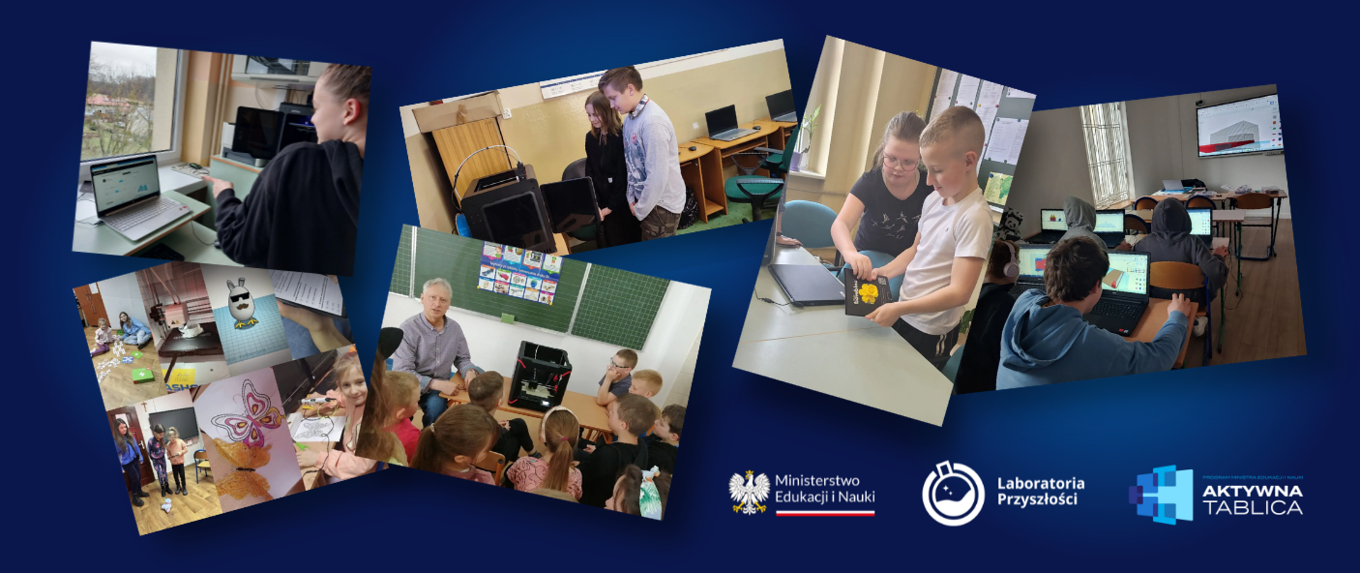 Kolaż ze zdjęciami przedstawiaj ącymi uczniów przy różnych sprzętach multimedialnych, na dole logotypy Ministerstwa Edukacji i Nauki oraz programów Laboratora Przyszłosci i Aktywna Tablica 