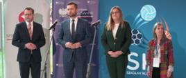 Minister Kamil Bortniczuk oraz przedstawiciele Ministerstwa Sprawiedliwości, Światowej Organizacji Zdrowia i Instytutu Sportu na briefingu prasowym