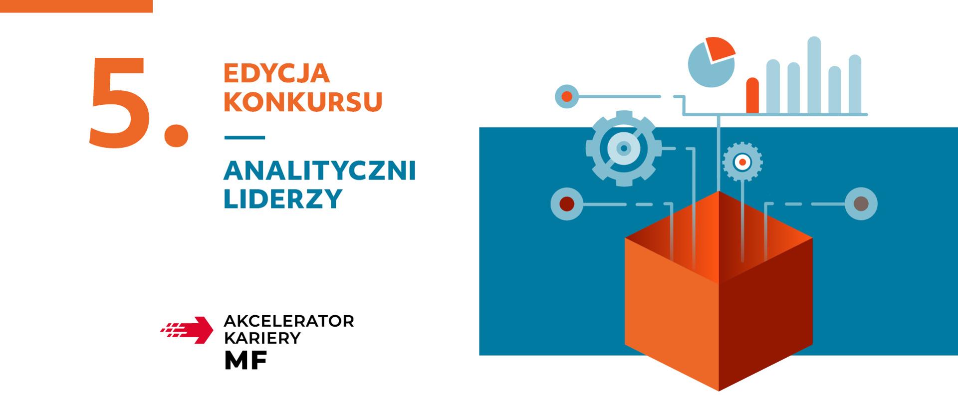 Grafika z pudełkiem z kołami zębatymi i napis: 5 Edycja konkursu Analityczni Liderzy