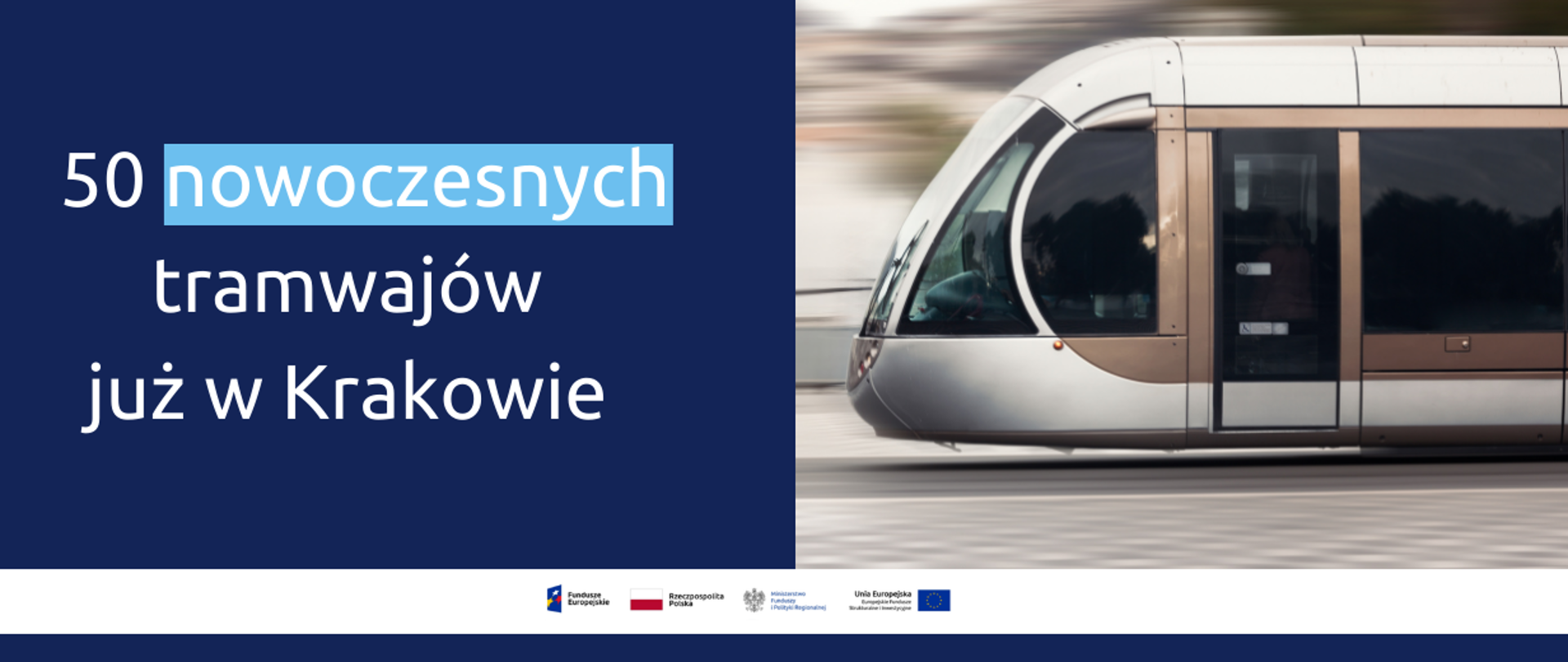 Napis: 50 nowoczesnych tramwajów już w Krakowie. Obok zdjęcie nowoczesnego, niskopodłogowego tramwaju. Na dole ikonki Facebooka oraz Twittera, logotypy Funduszy Europejskich i Ministerstwa Funduszy i Polityki Regionalnej, flaga Polski.