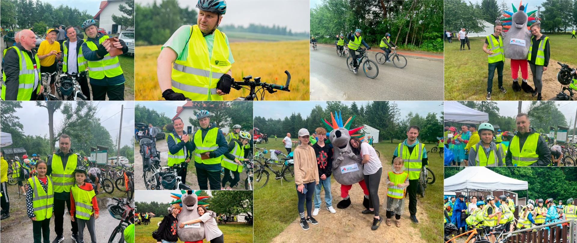 Kolaż kilku zdjęć przedstawiających ludzi w żółtych kamizelkach, jadących na rowerach lub stojących obok rowerów.