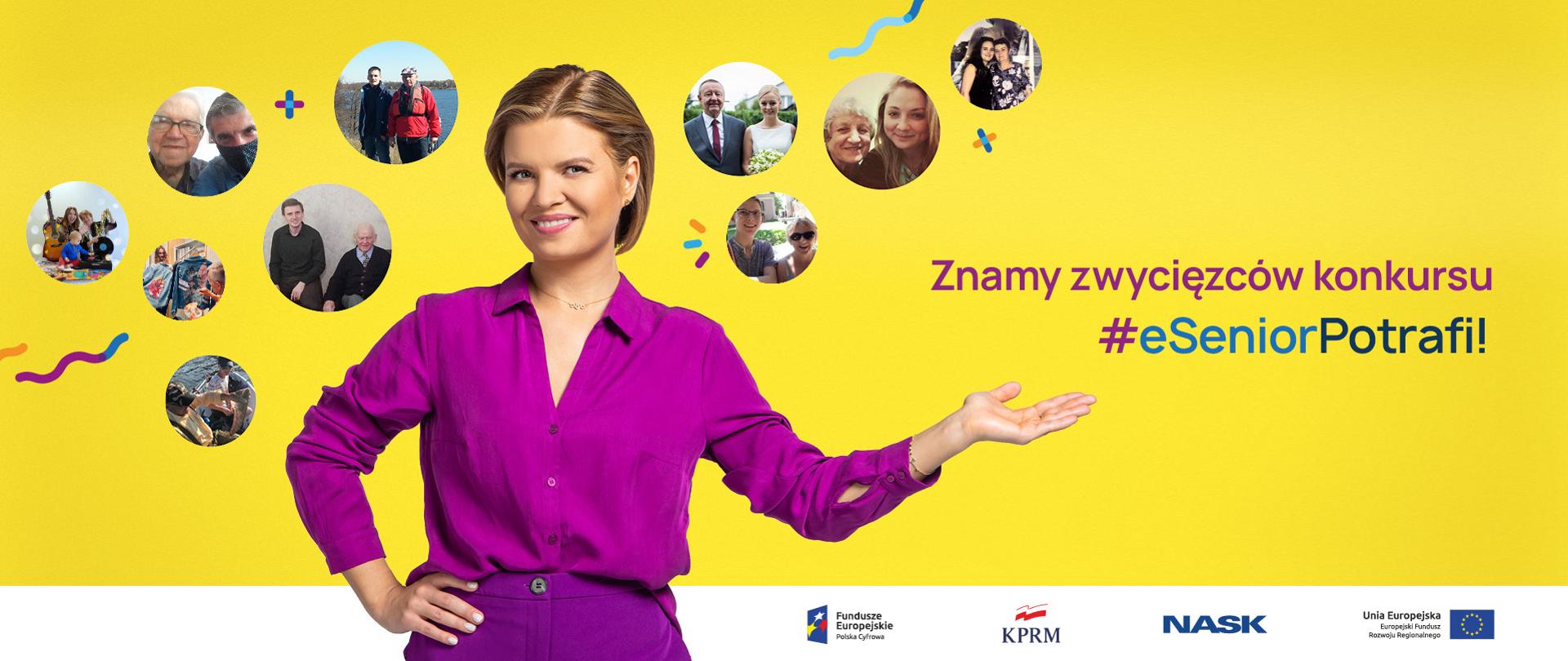 Ubrana na fioletowo Marta Manowska na żółtym tle. Naokoło niej zdjęcia laureatów konkursu z seniorami. Z lewej strony tekst: Znamy zwycięzców konkursu #eSenioPotrafi!