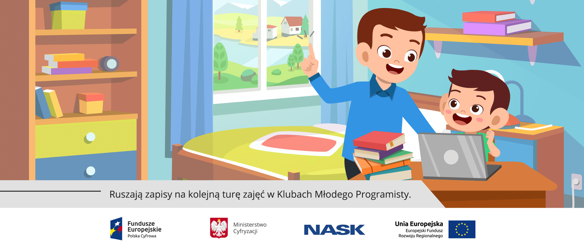 Pokój dziecięcy - przy biurku siedzi chłopiec, obok niego stoi jego tata, który unosi w górę rękę z palcem wskazującym skierowanym w górę. Na blacie biurka leżą książki i laptop.
