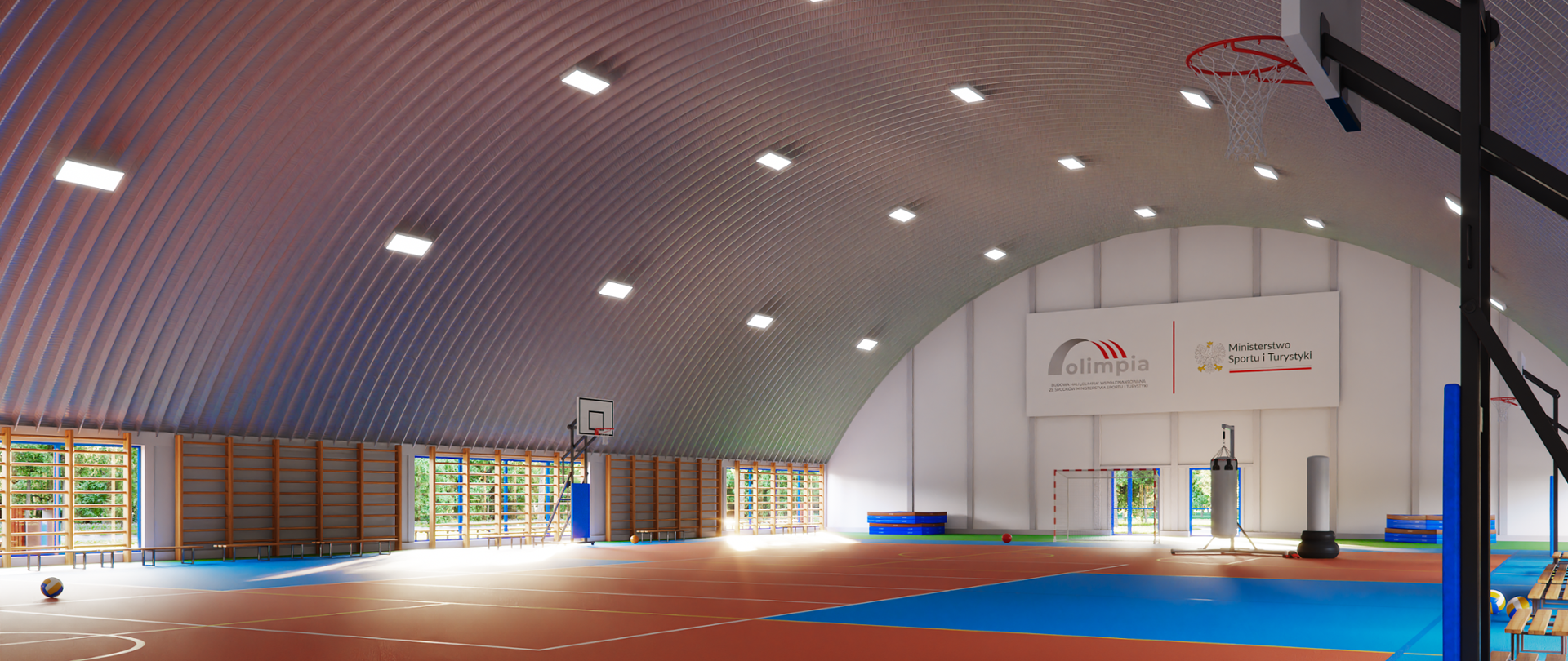 Wizualizacja hali. Na pierwszym planie kosz do gry w koszykówkę. W tle duża tablica z napisem Olimpia oraz logotypem MSiT.