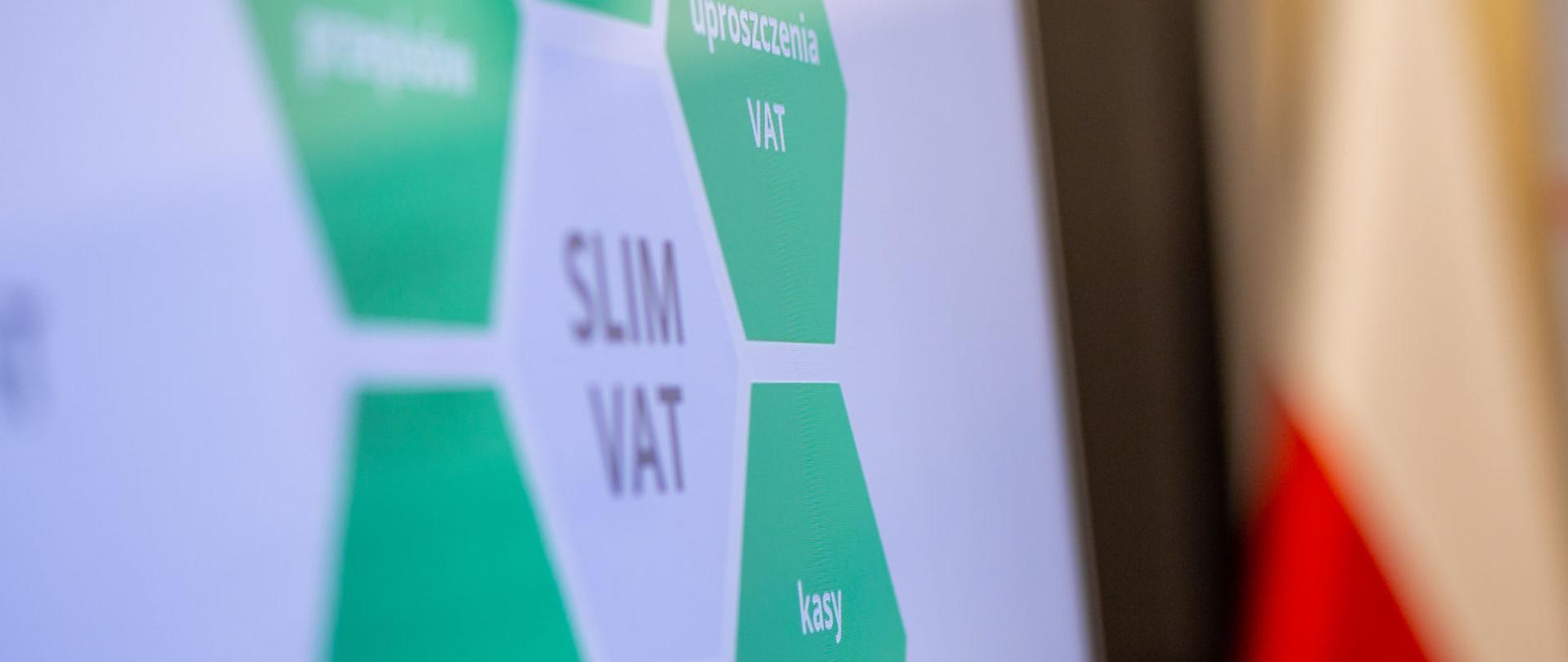Slajd prezentacji z napisem SLIM VAT, uproszczenia VAT, kasy online.