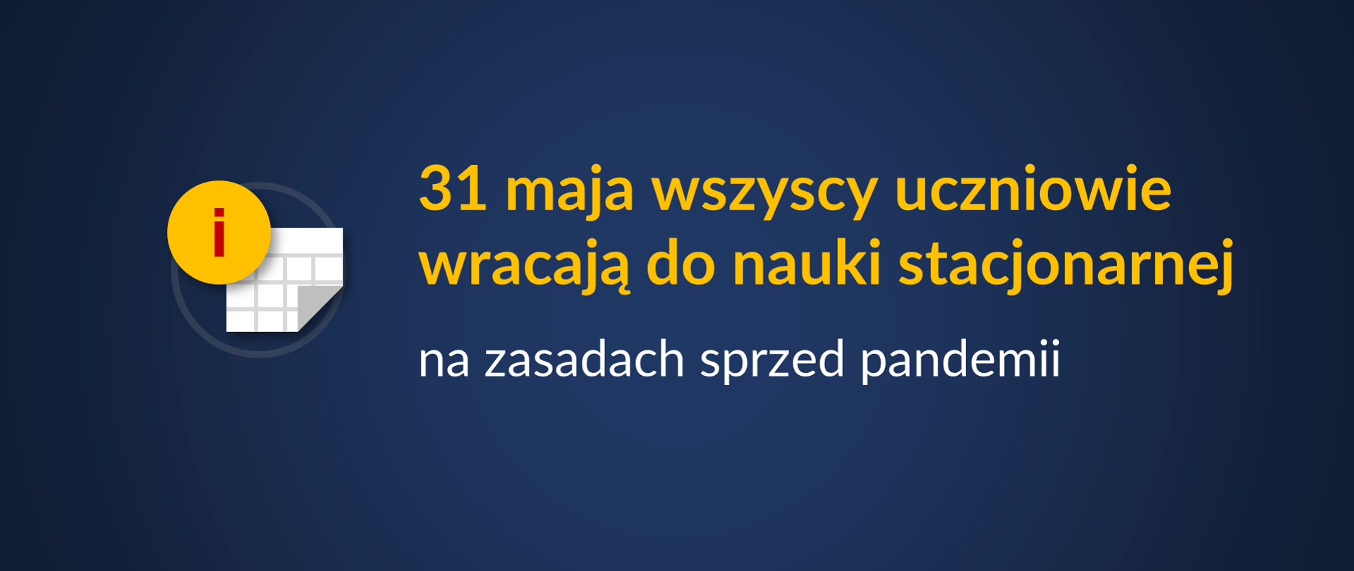 Grantowa grafika z napisem 31 maja wszyscy uczniowie wracają do nauki stacjonarnej na zasadach sprzed pandemii. Po lewej stronie ikonka kartki oraz literka "i" na żółtym kole. Z lewej dolnej strony logotyp Ministerstwa Edukacji i Nauki i błękitna pozioma kreska.
