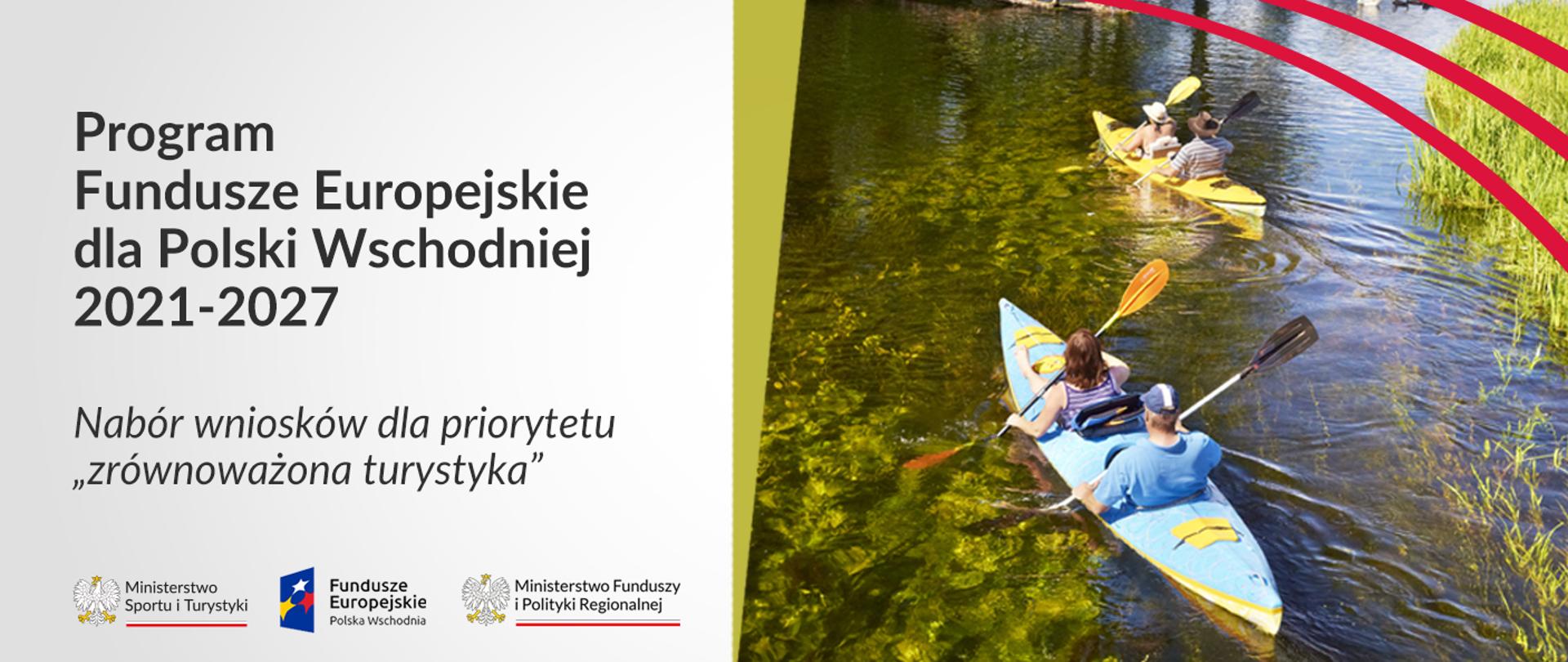 Na grafice znajdują się napisy: Program Fundusze Europejskie dla Polski Wschodniej 2021-2027; Nabór wniosków dla priorytetu "zrównoważona turystyka". W lewym dolnym rogu logotypy Ministerstwa Sportu i Turystyki, Funduszy Europejskich i Ministerstwa Funduszy i Polityki Regionalnej. Po prawej stronie grafiki znajduje się zdjęcie kajakarzy, aktywnie spędzających czas na jeziorze.