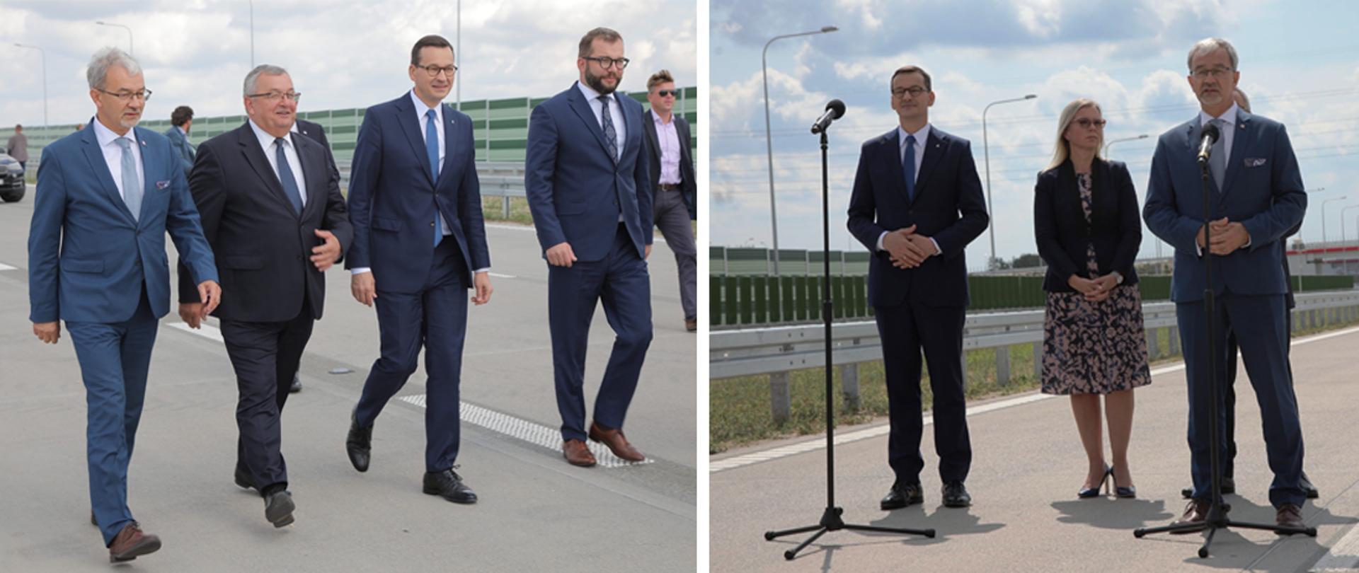 Kolaż dwóch zdjęć z uroczystości oddania do ruchu odcinka autostrady A1 od Pyrzowic do węzła Częstochowa Południe. Na zdjęciach: minister Jerzy Kwieciński, minister Andrzej Adamczyk, premier Mateusz Morawiecki, wiceminister Grzegorz Puda oraz komisarz UE Elżbieta Bieńkowska
