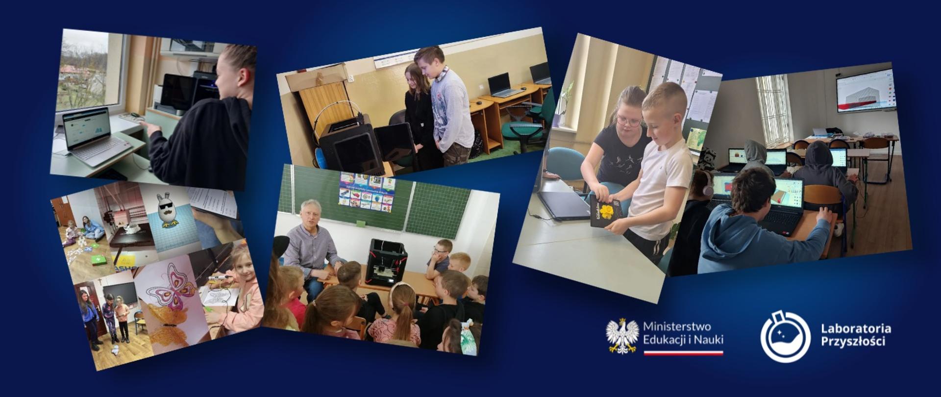 Grafika - na granatowym tle kilka zdjęć pokazujących dzieci siedzące przy komputerach i napis Laboratoria przyszłości.