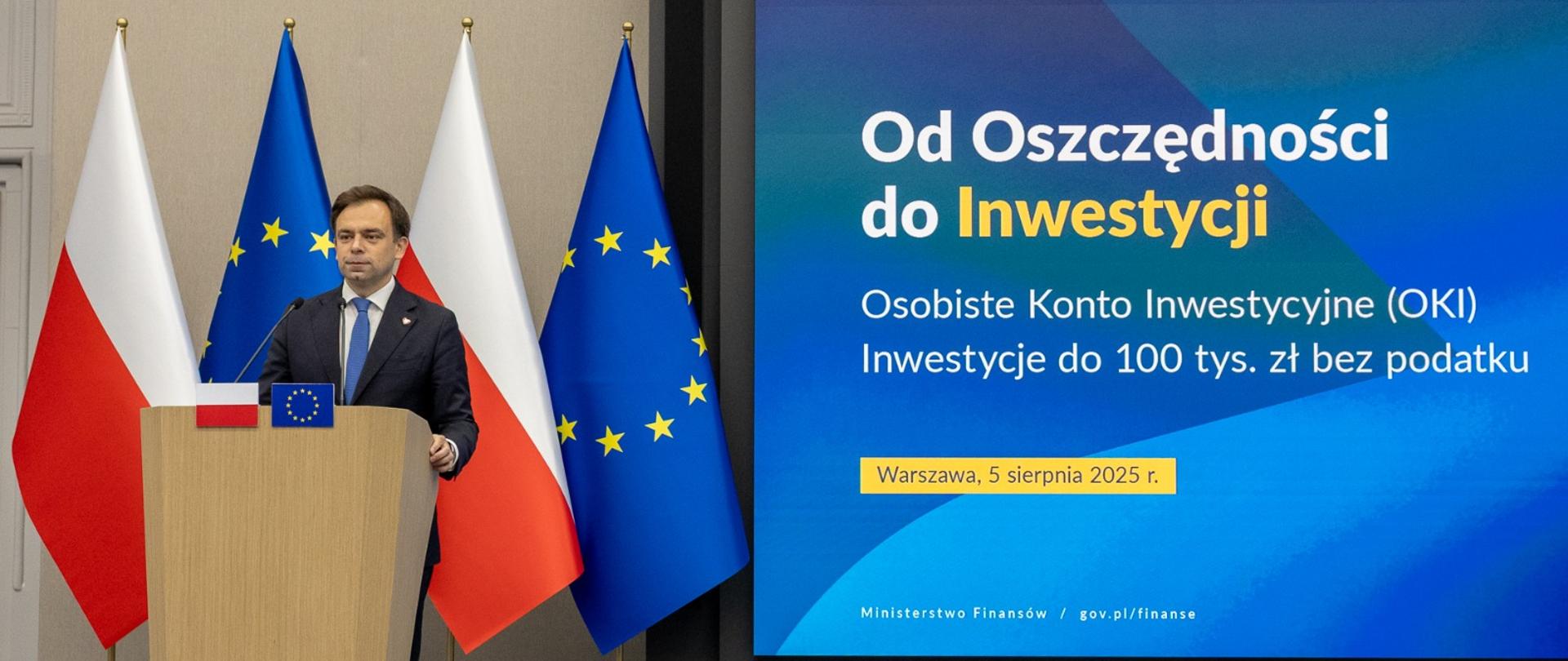 Minister Finansów Andrzej Domański podczas wystąpienia przy mównicy