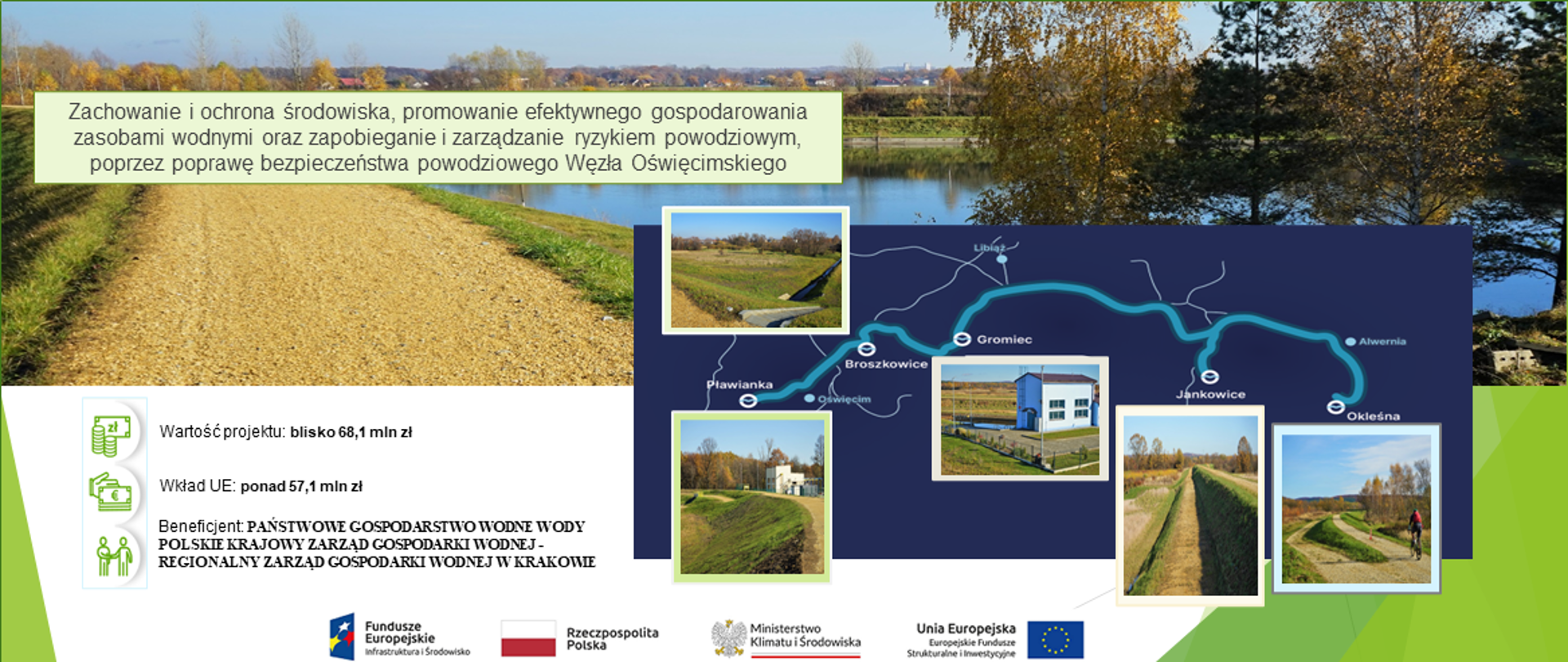 Grafika do projektu przedstawia: zdjęcie rzeki wraz z wałem przeciwpowodziowym. Dodatkowo na grafice umieszczona jest mapa z zasięgiem rzeki i najistotniejszymi w projekcie miejscowościami, w których realizowano prace. Przy każdej miejscowości umieszczone jest zdjęcie poglądowe realizowanej inwestycji. Ponadto na grafice, umieszczono najważniejsze informacje związane z projektem, jego nazwę, wartość projektu, wartość dofinansowania, oraz ciąg logotypów w kolejności logo funduszy europejskich, logo Rzeczpospolitej Polskiej, logo Ministerstwa Klimatu i Środowiska, logo Unii Europejskiej. 