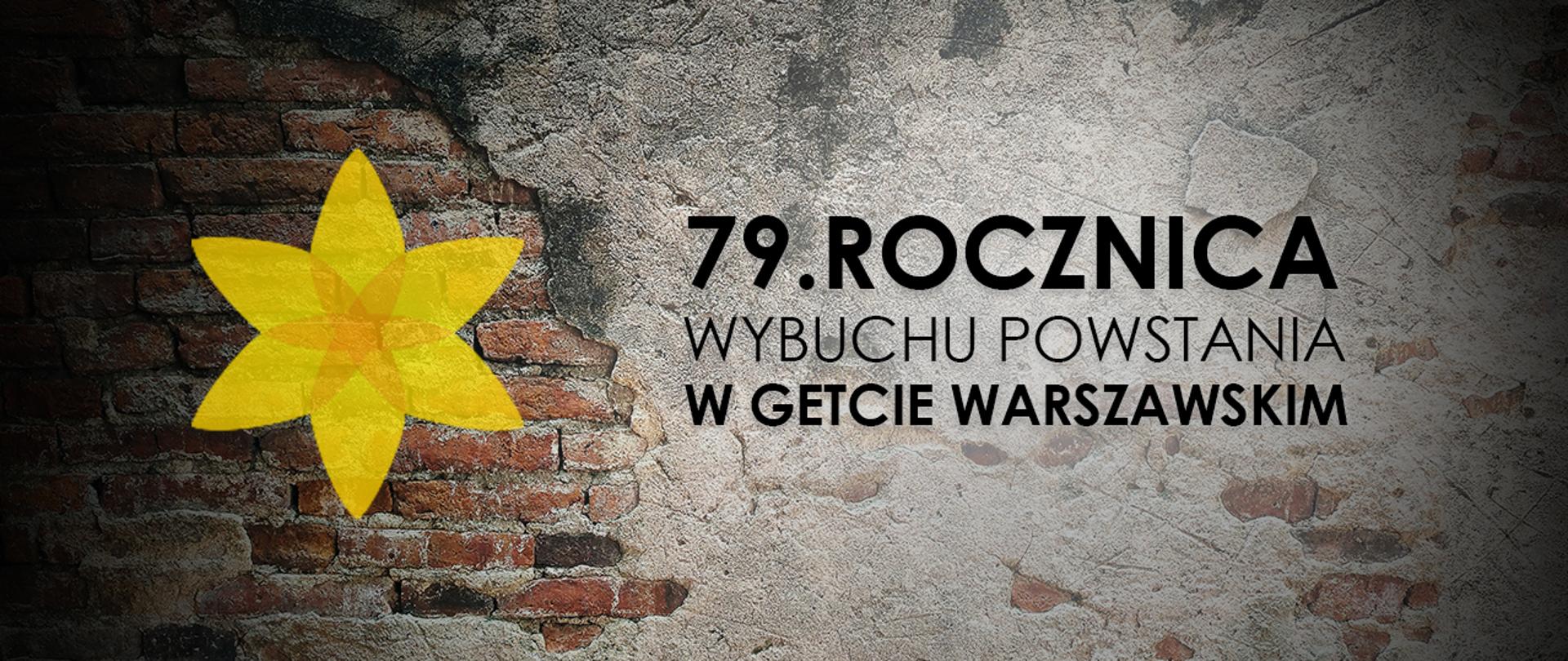 Grafika okolicznościowa. Tło stanowi zdjęcie muru. W lewej części znajduje się symboliczna grafika prezentująca żonkila. W prawej części znajduje się napis: 79. rocznica wybuchu Powstania w Getcie Warszawskim.