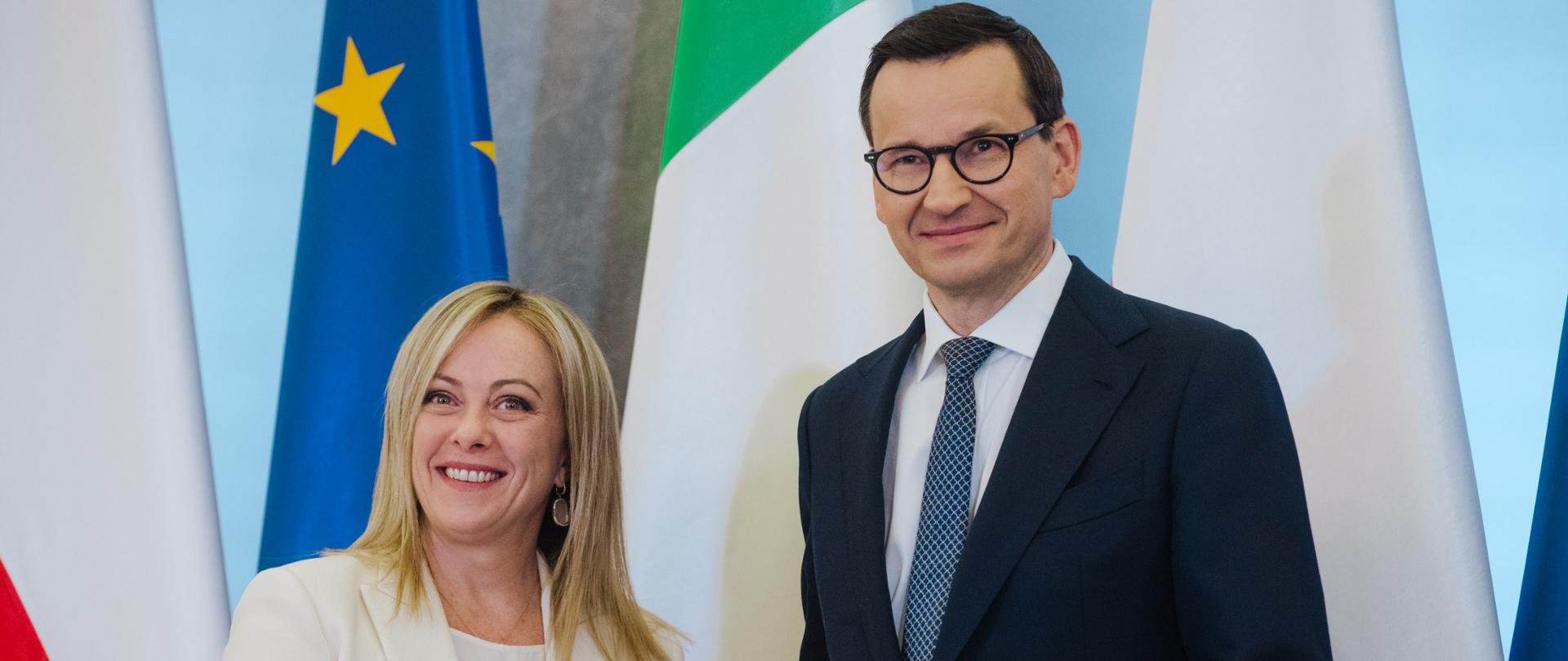 Premier Mateusz Morawiecki podczas spotkania z premier Włoch Giorgią Meloni.