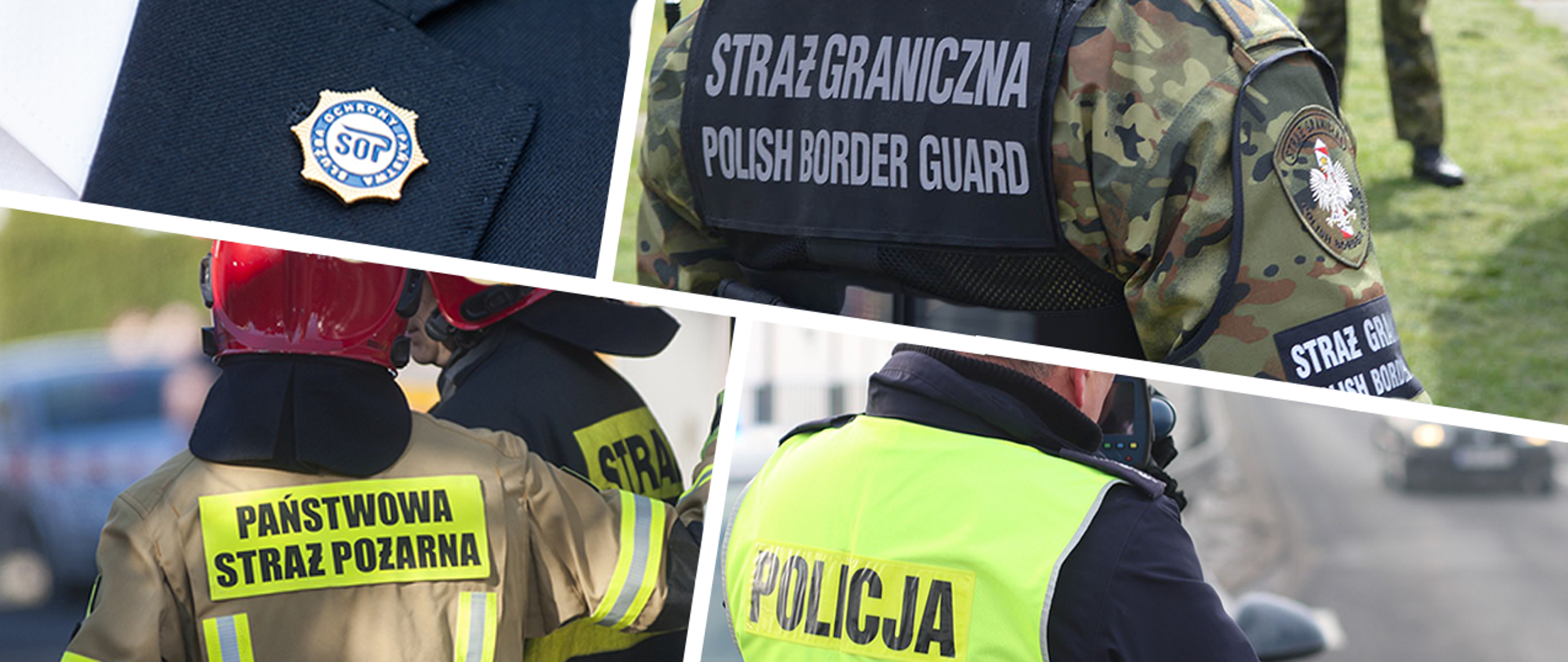 Grafika składa sie z czterech zdjęć. Jedno zdjęcie przedstawia znaczek SOP wpięty w klapę marynarki. Drugie zdjęcie przedstawia napis "Straż Graniczna Polish Border Guard" znajdujący się na plecach funkcjonariusza SG. Trzecie zdjęcie przedstawia plecy dwóch strażaków z napisami u jednego "Państwowa Straż Pożarna", a u drugiego "Straż". Czwarte zdjęcie przedstawia policjanta widzianego od tyłu mierzącego prędkość nadjeżdżających samochodów.