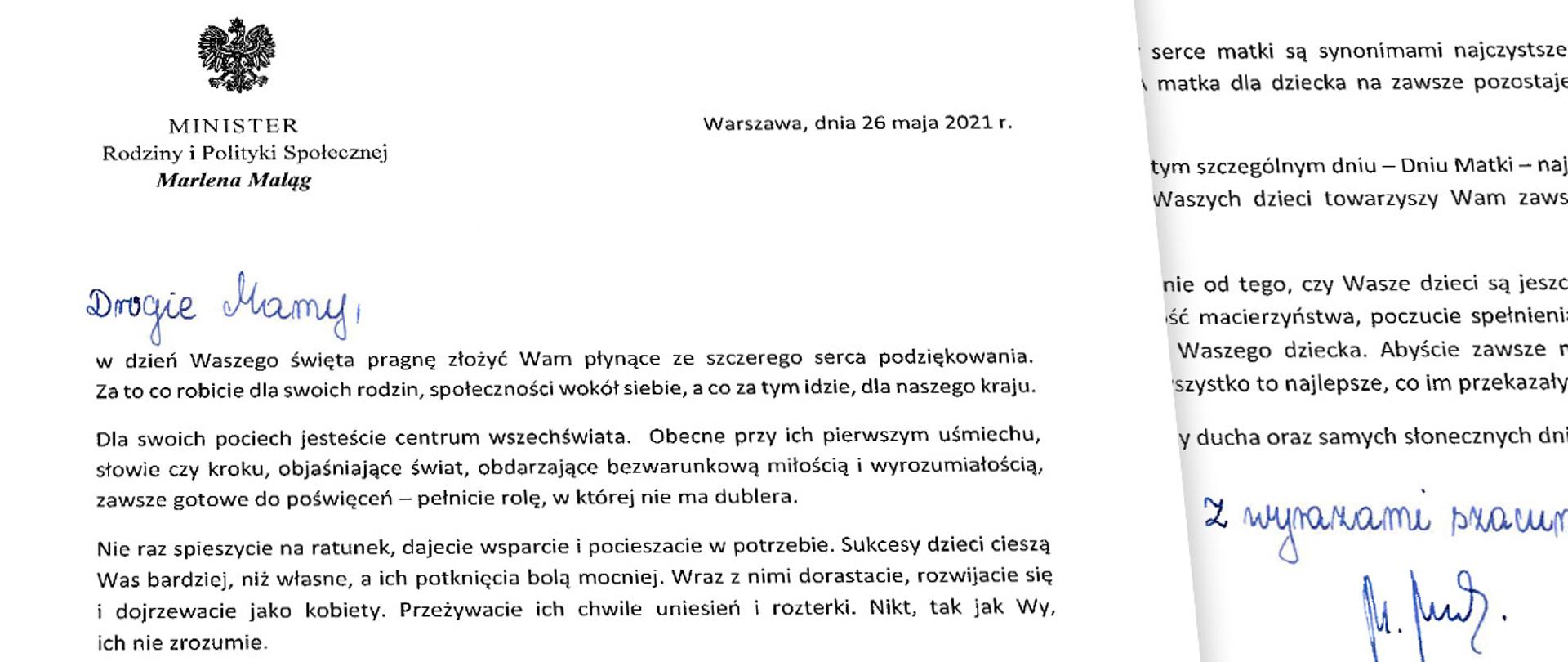 życzenia minister Marleny Maląg z okazji Dnia Matki
