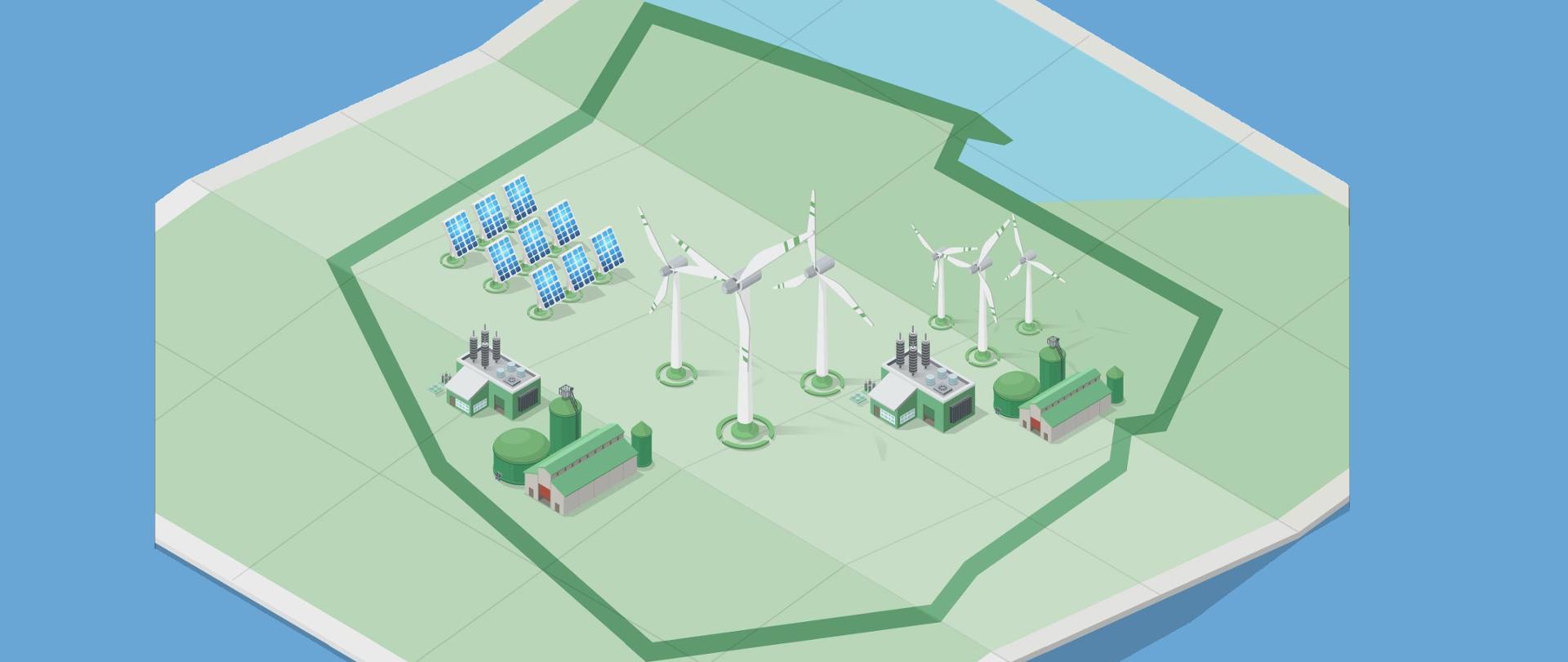 Animowana, uproszczona mapa Polski z naniesionymi panelami fotowoltaicznymi, wiatrakami, elektrowniami na biopaliwa.