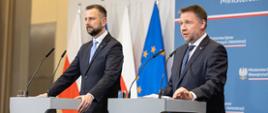 Konferencja prasowa ministra spraw wewnętrznych i administracji Marcina Kierwińskiego oraz wicepremiera, ministra obrony narodowej Władysława Kosiniaka-Kamysza dotycząca założeń do ustawy o ochronie ludności i obronie cywilnej.