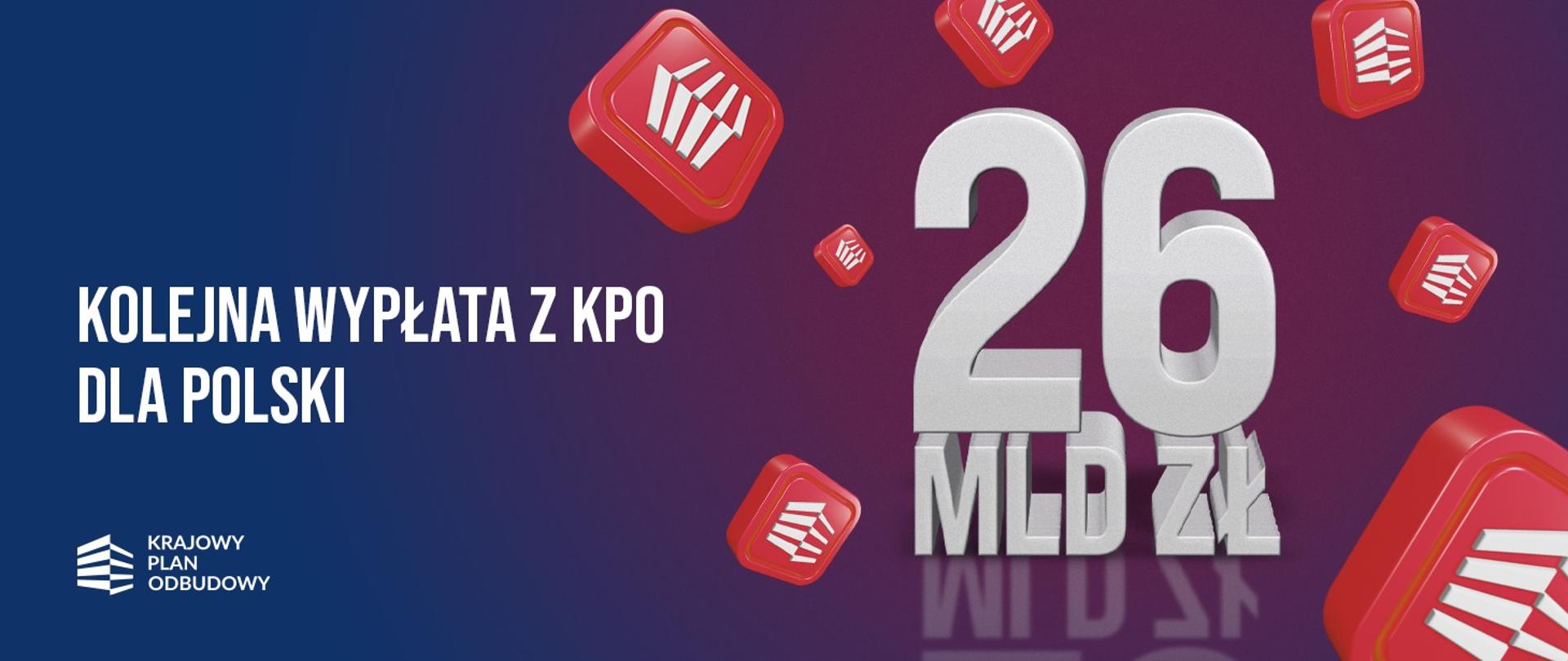 Bordowa grafika z liczbą 26 z prawej strony.