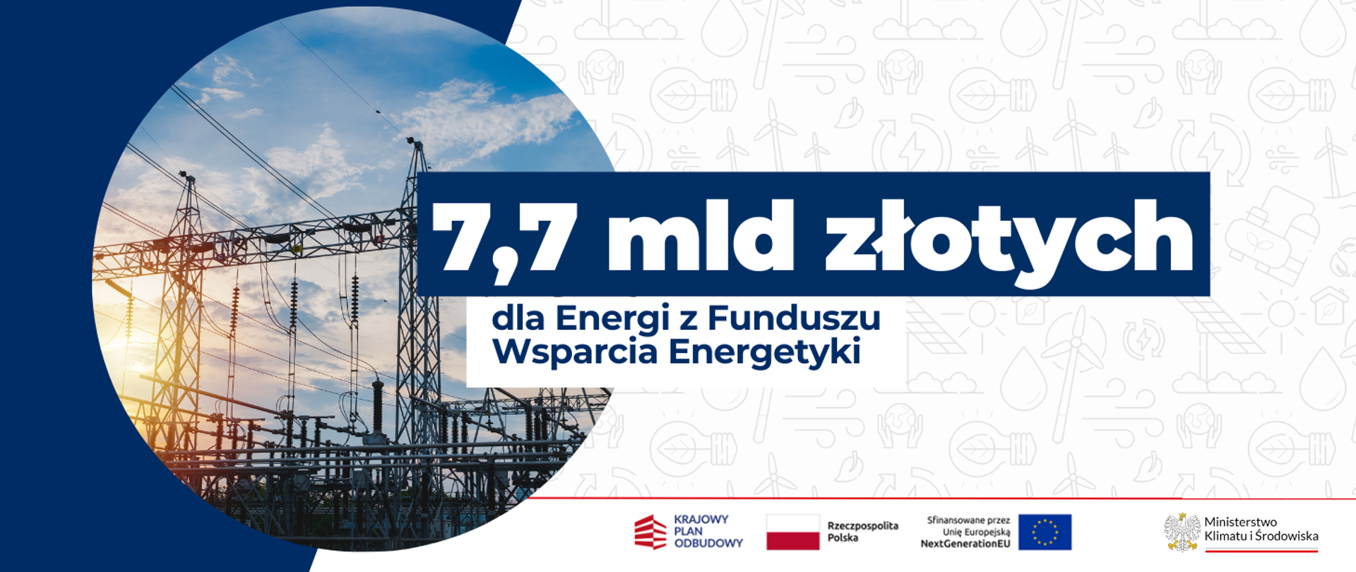 Grafika poglądowa z napisem 7,7 mld złotych dla Energi z Funduszu Wsparcia Energetyki. W tle widoczne sieci elektroenergetyczne