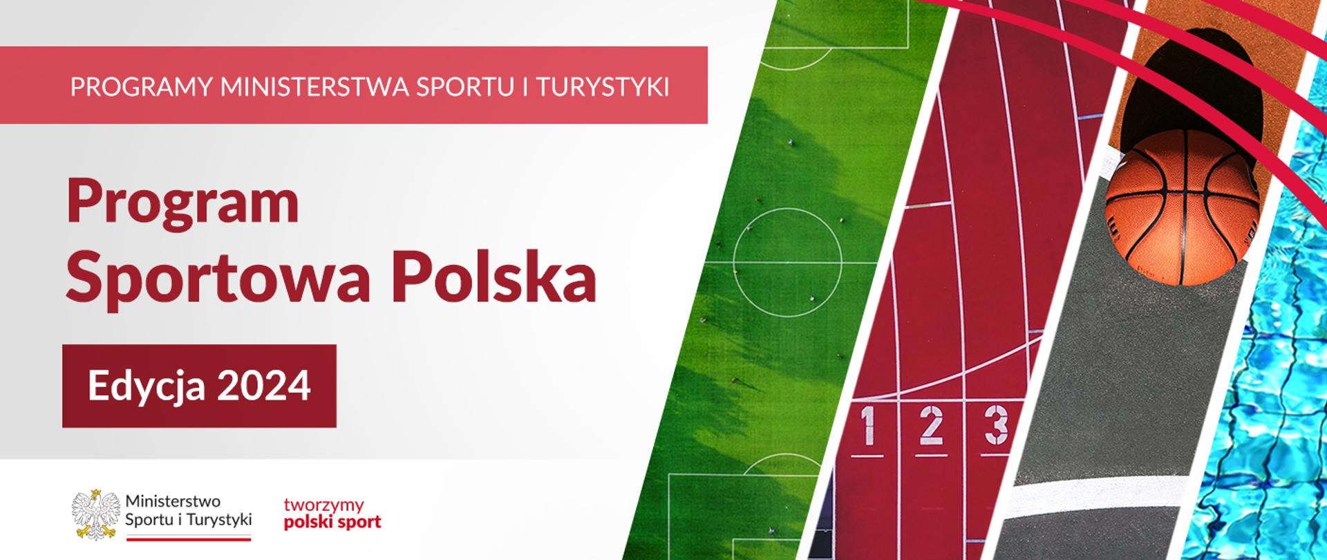 Cztery elementy infrastruktury sportowej - zielone boisko, czerwona bieżnia lekkoatletyczna, szare boisko do koszykówki i niebieska woda w basenie. Napis Sportowa Polska - edycja 2024.