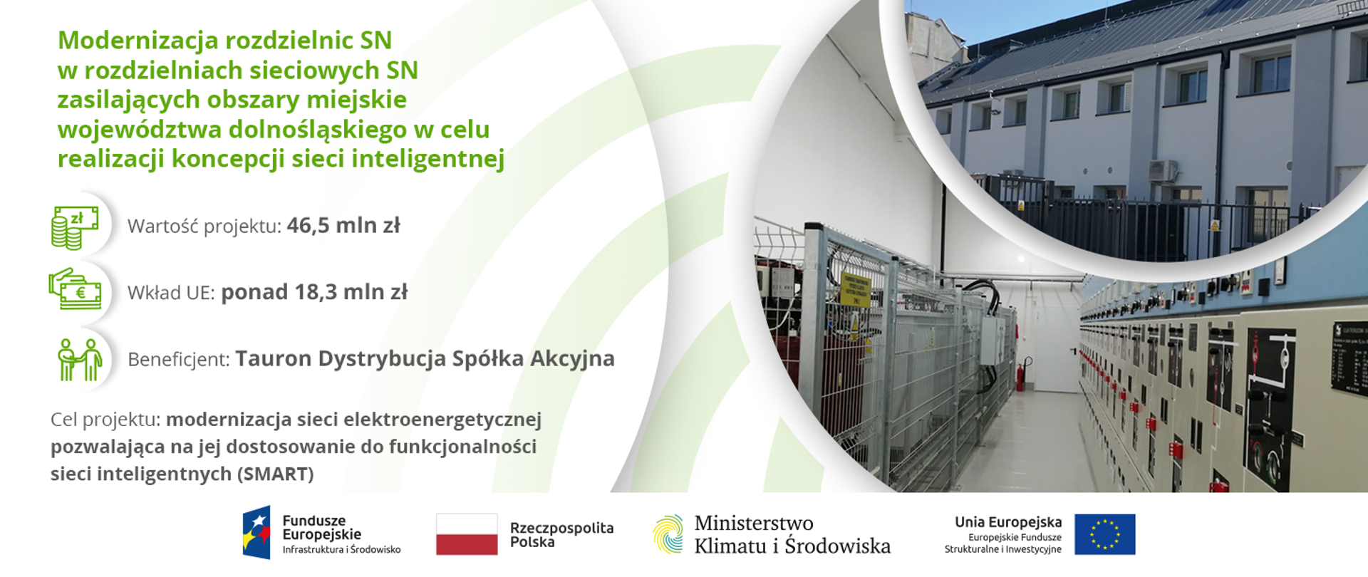 Infografika nt. modernizacji rozdzielnic SN w rozdzielniach sieciowych SN zasilających obszary miejskie województwa dolnośląskiego w celu realizacji koncepcji sieci inteligentnej; Wartość projektu: 46,5 mln zł
Dofinansowanie z UE: ponad 18,3 mln zł
Celem projektu
Modernizacja sieci elektroenergetycznej pozwalająca na jej dostosowanie do funkcjonalności sieci inteligentnych (SMART).

