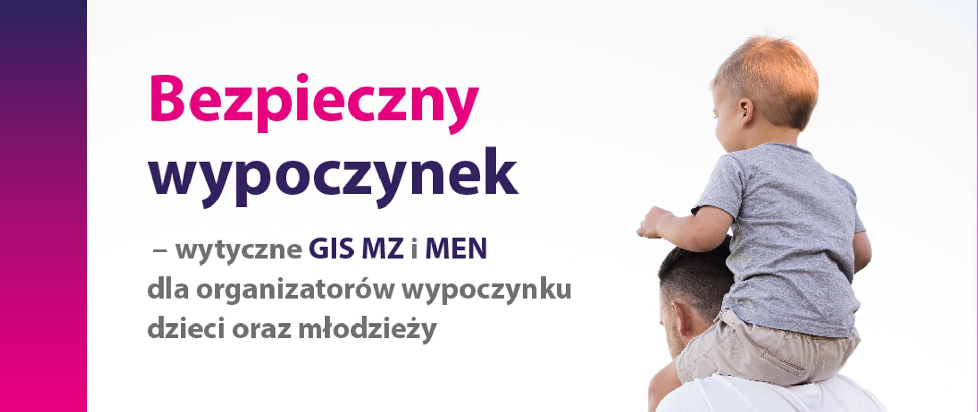Grafika z napisem Bezpieczny wypoczynek - wytyczne MEN, GIS i MZ dla organizatorów wypoczynku dzieci i młodzieży w 2020 roku. Po prawej stronie ojciec niesie dziecko na barkach. 
