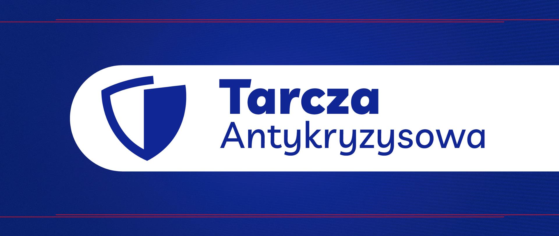 Na niebieskim tle biały pasek na którym po lewej stronie jest biało niebieska tarcza a po prawej stronie napis Tarcza Antykryzysowa