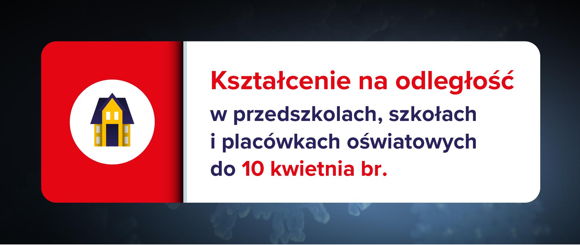Grafika z tekstem: Kształcenie na odległość w przedszkolach, szkołach i placówkach oświatowych do 10 kwietnia br.
Po lewej ilustracja budynku w białym kole na czerwonym tle.
