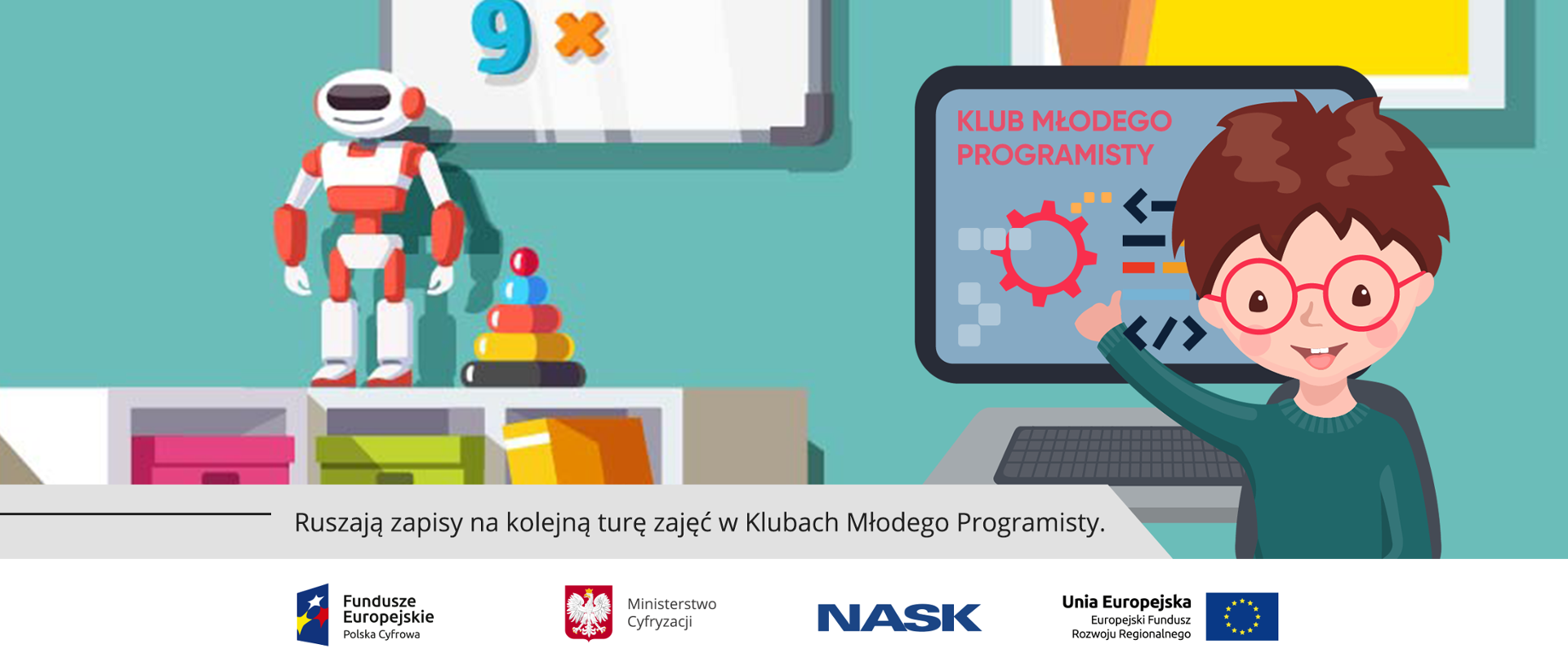 Rysunek przedstawiający chłopca w okularach, robota oraz kolorowe zabawki