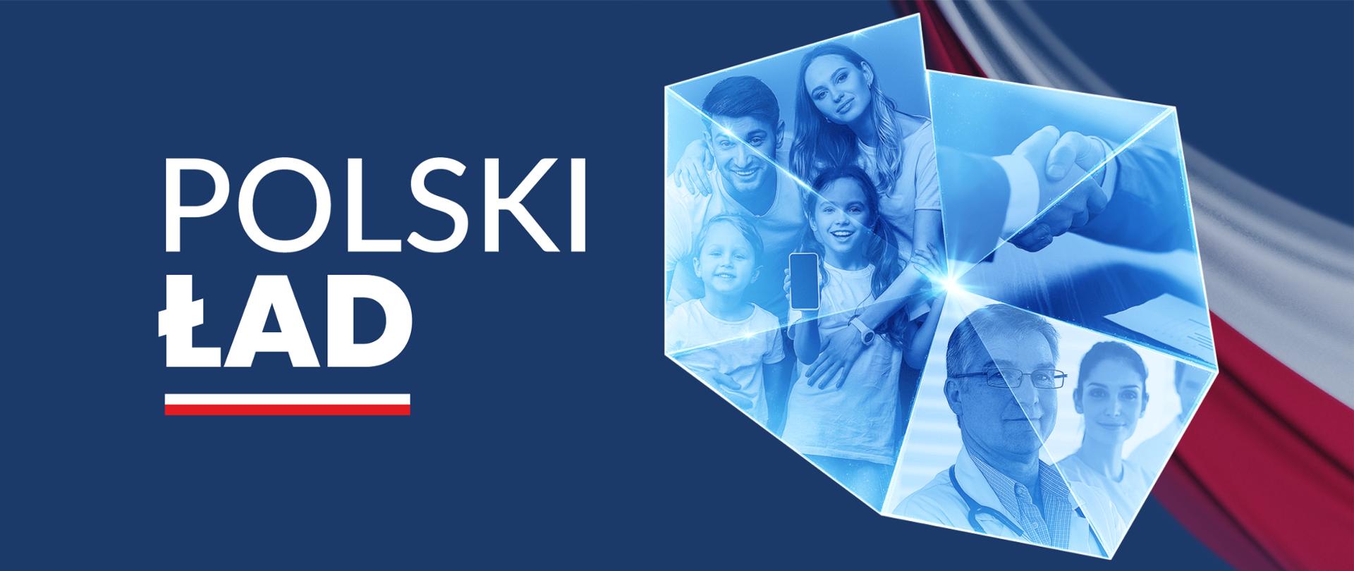Napis Polski Ład i grafika: twarze osób wpisane w kontury granic Polski 