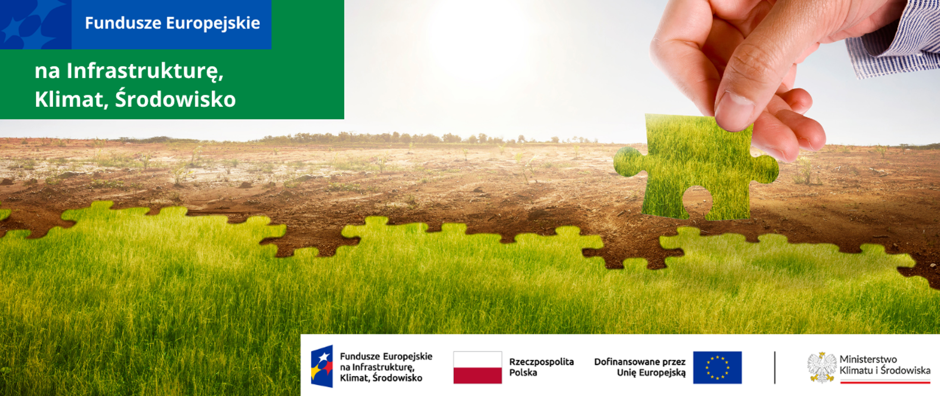 Futurystyczna wizja, przedstawiająca rękę człowieka, który układa na klepisku puzzle wykonane z trawy. Ma to symbolizować odtwarzanie środowiska naturalnego. 