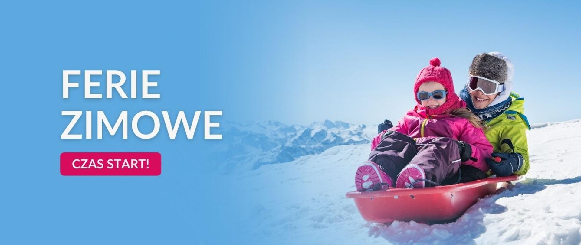 Grafika z dwójką uśmiechających się dzieci, które zjeżdżają na sankach, a za nimi rozpościera się zimowy krajobraz, nawiązuje do rozpoczynających się ferii.