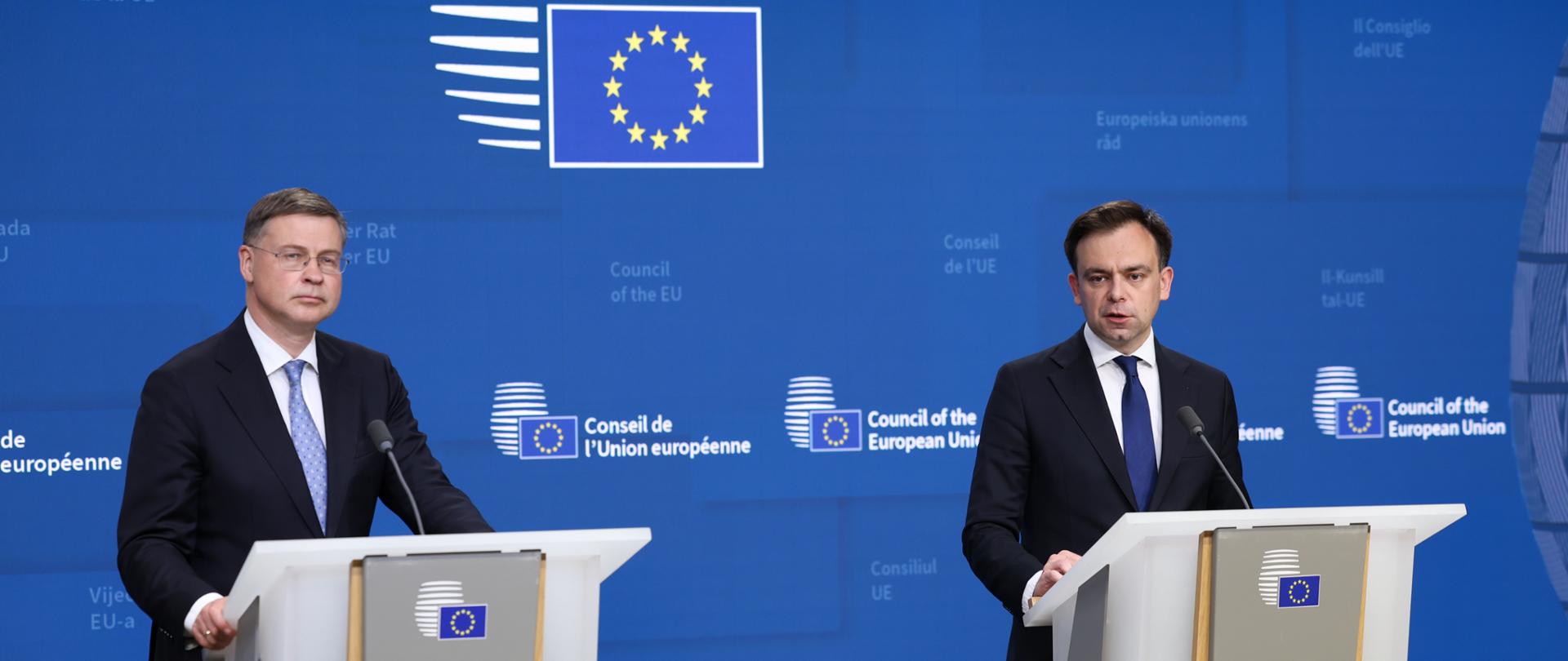 Minister Finansów Andrzej Domański podczas przemówienia na posiedzeniu Rady do Spraw Gospodarczych i Finansowych