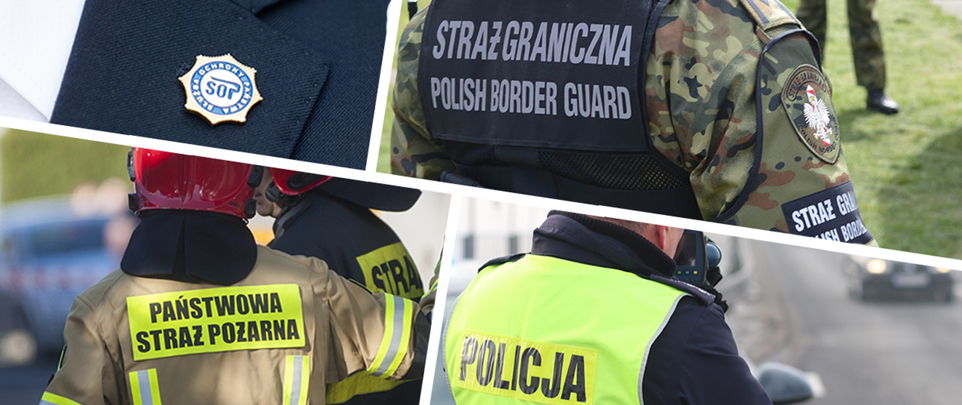 Grafika składa sie z czterech zdjęć. Jedno zdjęcie przedstawia znaczek SOP wpięty w klapę marynarki. Drugie zdjęcie przedstawia napis "Straż Graniczna Polish Border Guard" znajdujący się na plecach funkcjonariusza SG. Trzecie zdjęcie przedstawia plecy dwóch strażaków z napisami u jednego "Państwowa Straż Pożarna", a u drugiego "Straż". Czwarte zdjęcie przedstawia policjanta widzianego od tyłu mierzącego prędkość nadjeżdżających samochodów.