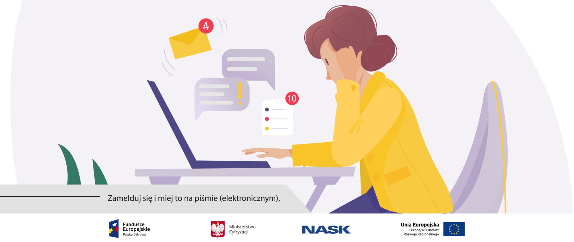 Kobieta siedząca przy biurku przed laptopem. Unoszące się symbole (koperta, czat, notatka z listą). Napis. Zamelduj się i miej to na piśmie (elektronicznym).
