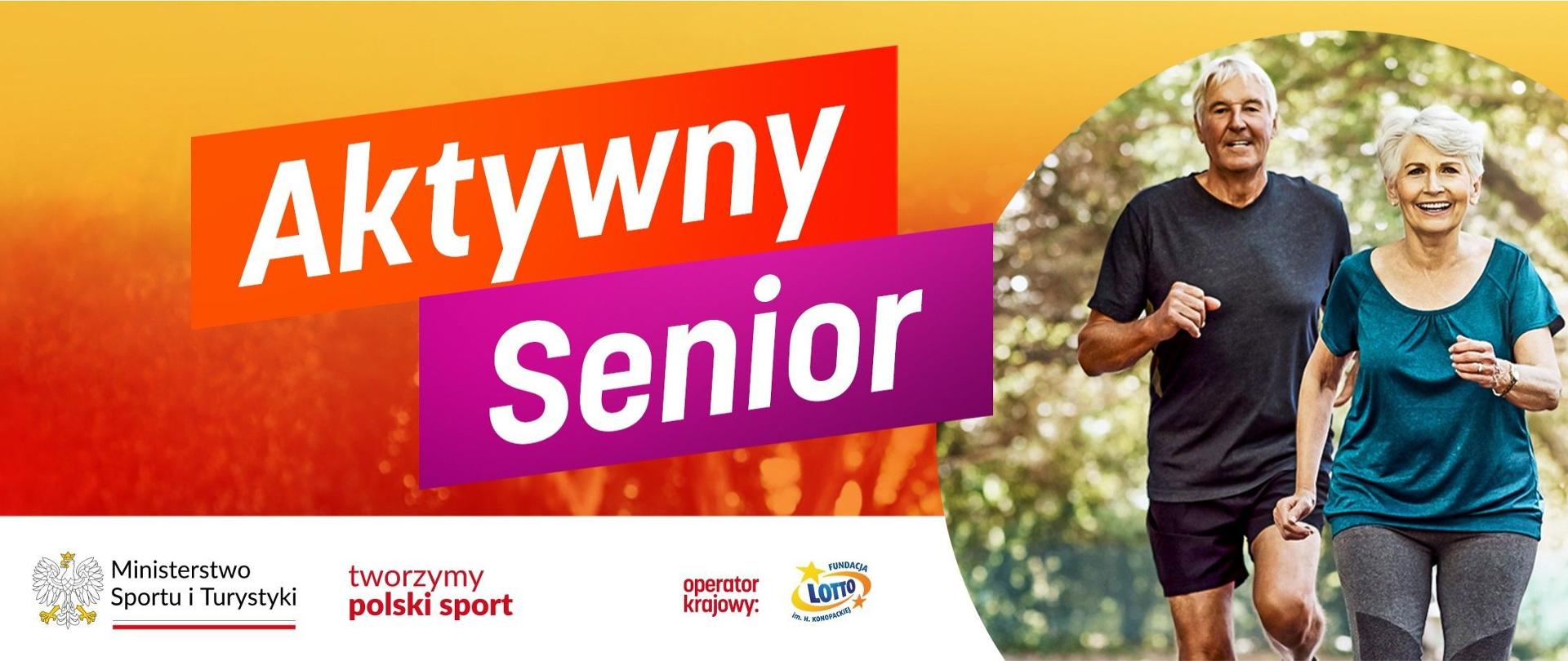 Grafika z dużym napisem z lewej strony: "Aktywny Senior", z prawej: "Wyniki konkursu. Łączna kwota dofinansowania: ponad 14,4 mln zł". Obie treści rozdziela zdjęcie pary seniorów w trakcie biegu. W lewym dolnym rogu logotyp MSiT, hasło tworzymy polski sport i logotyp Fundacji LOTTO wraz z dopiskiem "operator krajowy". 