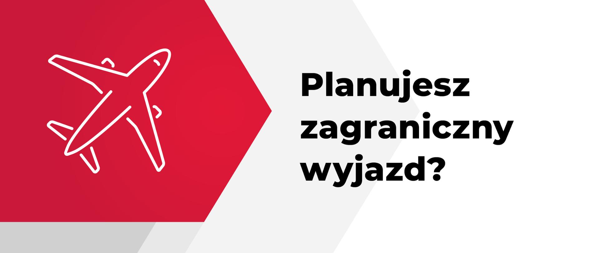 Piktogram samolot i napis Planujesz zagraniczny wyjazd?