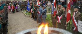 Widok z góry, na pierwszym planie płonący znicz, dalej widać wyłożoną szarą kostką aleję, po obu stronach stoją ludzie ze sztandarami, w tle ludzie trzymają biało-czerwone wieńce.