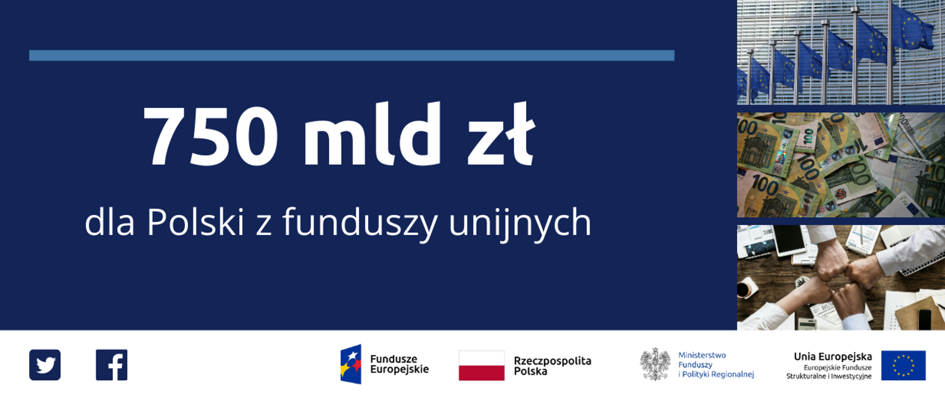 Napis: 750 miliardów złotych dla Polski z funduszy unijnych. Po prawej trzy zdjęcia jedno nad drugim. Na górze fotografia flag unijnych, w środku zdjęcie banknotów euro, na dole 4 pięści ułożone w geście wspólnoty. Pod grafiką ikonki Twittera i Facebooka, logo Funduszy Europejskich, Ministerstwa Fuinduszy i Polityki Regionalnej, Unii Europejskiej i flaga Polski.