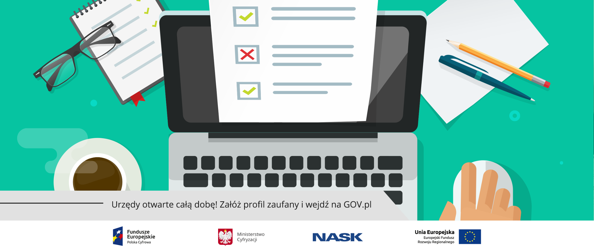 Laptop na zielonym tle. Z ekranu wychodzi formularz z dwoma ptaszkami i jednym iksem. Po lewej stronie laptopa, notes, na którym leżą okulary, filiżanka z kawą. Po prawej kartka, na której leżą ołówek i długopis, poniżej dłoń na myszce.