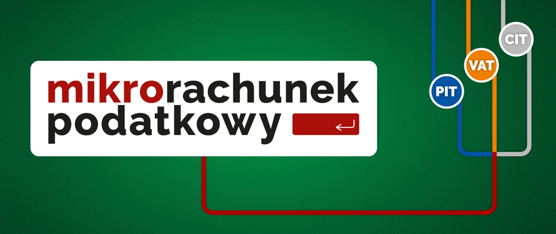 Na zielonym tle napis w białym prostokącie mikrorachunek podatkowy wraz linią dochodzącą z niego do trzech kółek w których są skróty PIT, CIT i VAT 