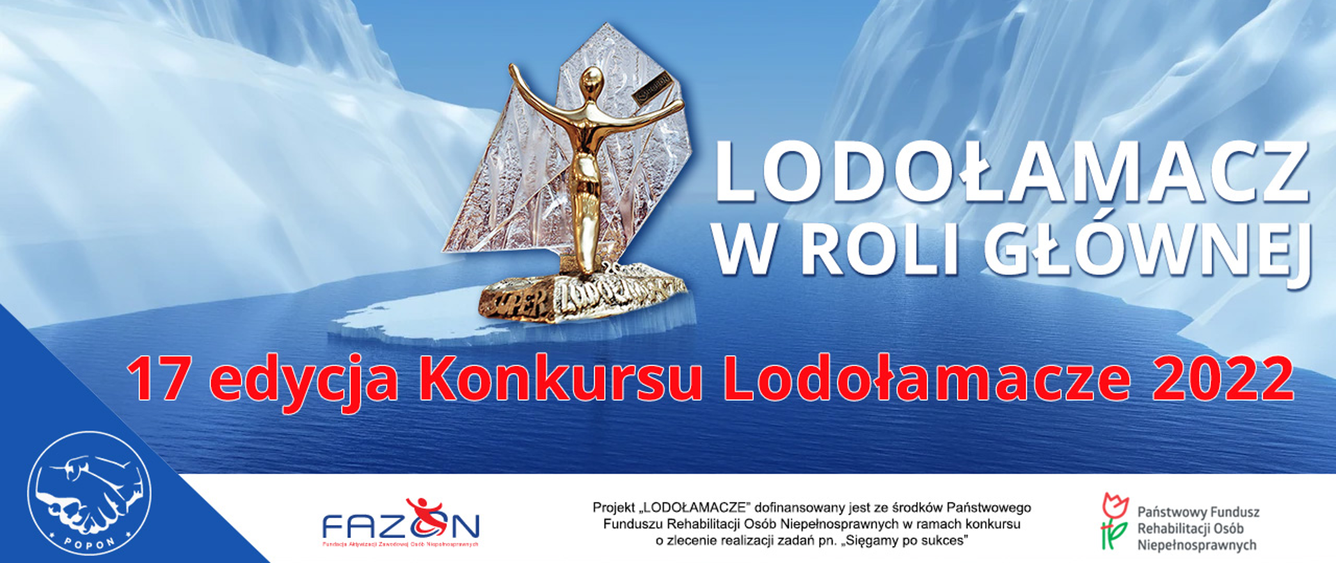 Na grafice góry lodowe i statuetka w konkursie "LODOŁAMACZ W ROLI GŁÓWNEJ"